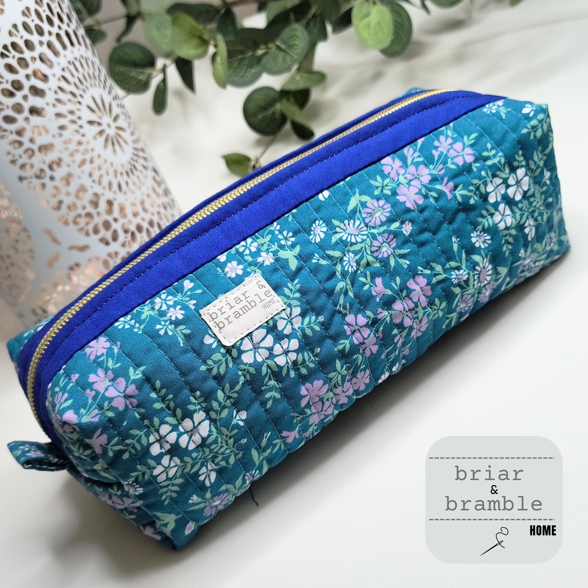 Teal Floral Quilted Makeup Bag: Handmade Zipper Pouch