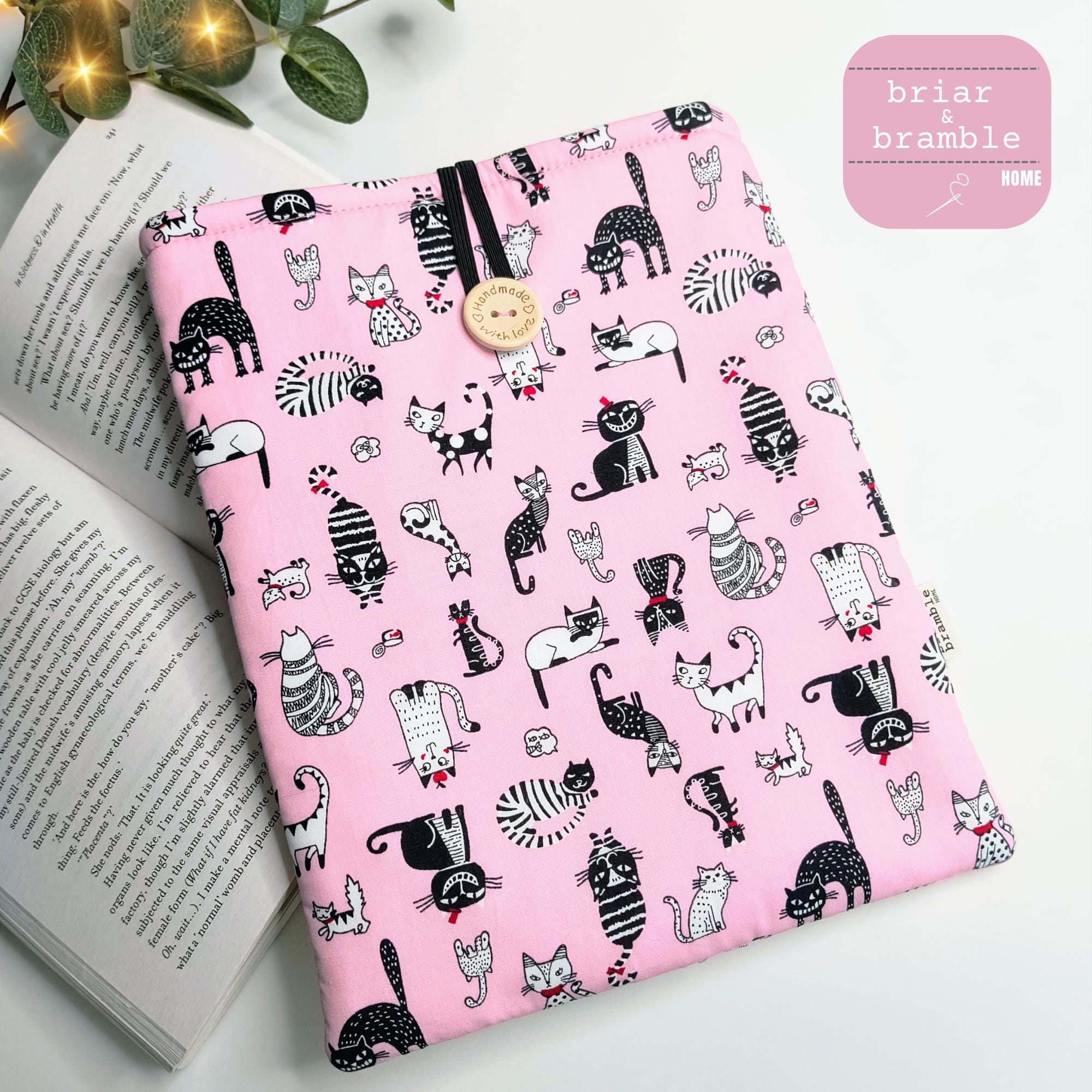 Pink Cat Book Sleeve: Padded Kindle Cover, Bookworm Gift