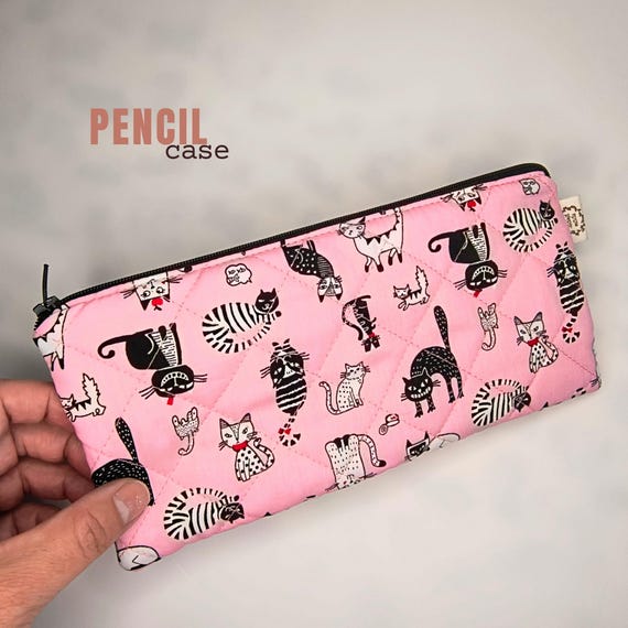 Handmade Pink Cat Print Pencil Case: Quilted Cotton Pen Pouch